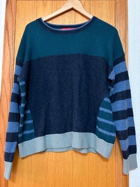 Krimson Klover Teal Navy Striped Crewneck Sweater Merino Wool Alpaca Blend